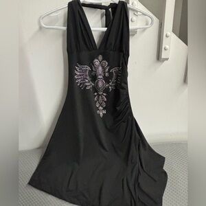 Forplay Black Rhinestone Wing Halter Mini Dress Size M Y2K Clubwear